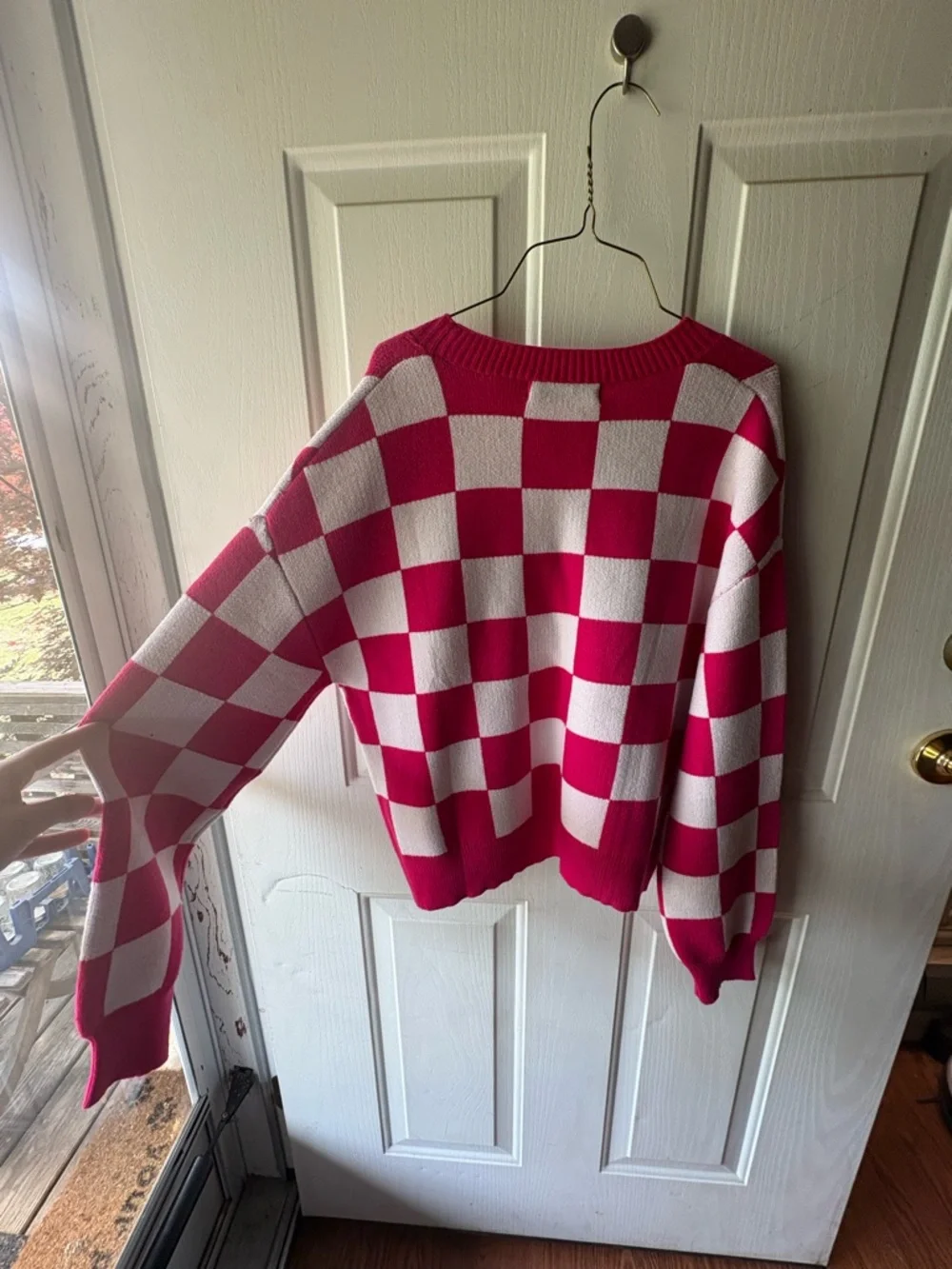 MEROKEETY Pink Check Crewneck Sweater - Picture 2 of 4